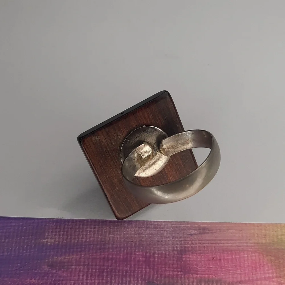 Square adjustable 1960's 1970's Vintage wood silver ball detail ring